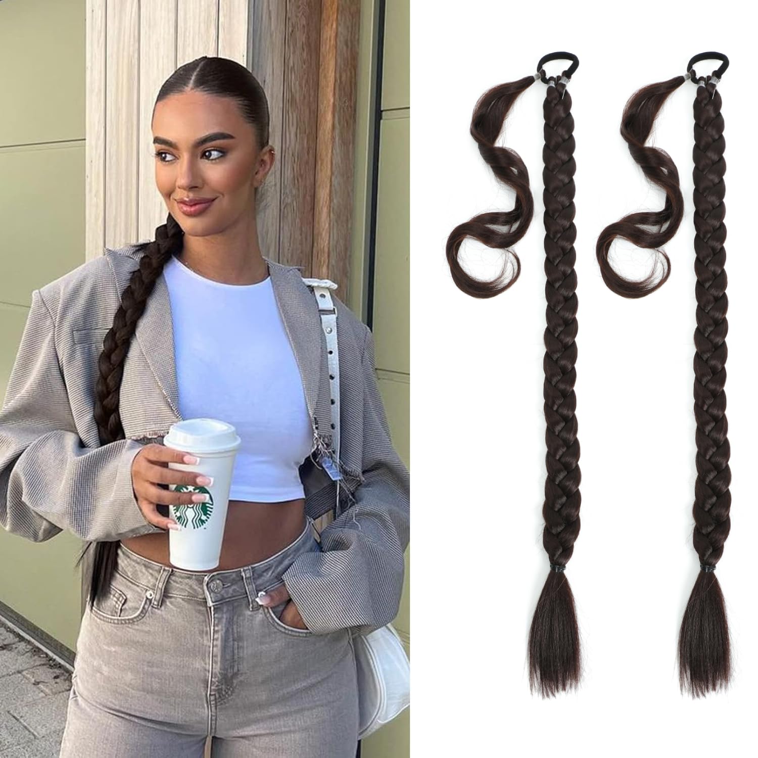 Photo 1 of 2 Packs 24 Inch Braided Ponytail Extension for Black Women Soft Synthetic Hair Piece For Women with Hair Tie Straight Wrap Around Ponytail pre Stretched (Brown, 24 Inch (Pack of 2))