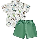 Gaono Toddler Baby Boy Fishing Outfit Fish Print Short Sleeve Button Down Shirt and Shorts Set 2Pcs Summer Clothes