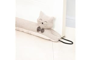Marwood Under Door Draft Stopper Decorative Wind Stopper 32 inch for Door & Window, Weighted Animal Air Draft Stopper Snake Noise Blocker for Bottom of Door with Hanging Loops - Khaki Cat