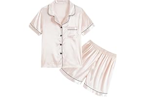 Hupohoi Unisex Kids Boys and Girls Pajama Sets Summer Short Sleeve With Shorts Sleepwear Silky Button Down Loungewear