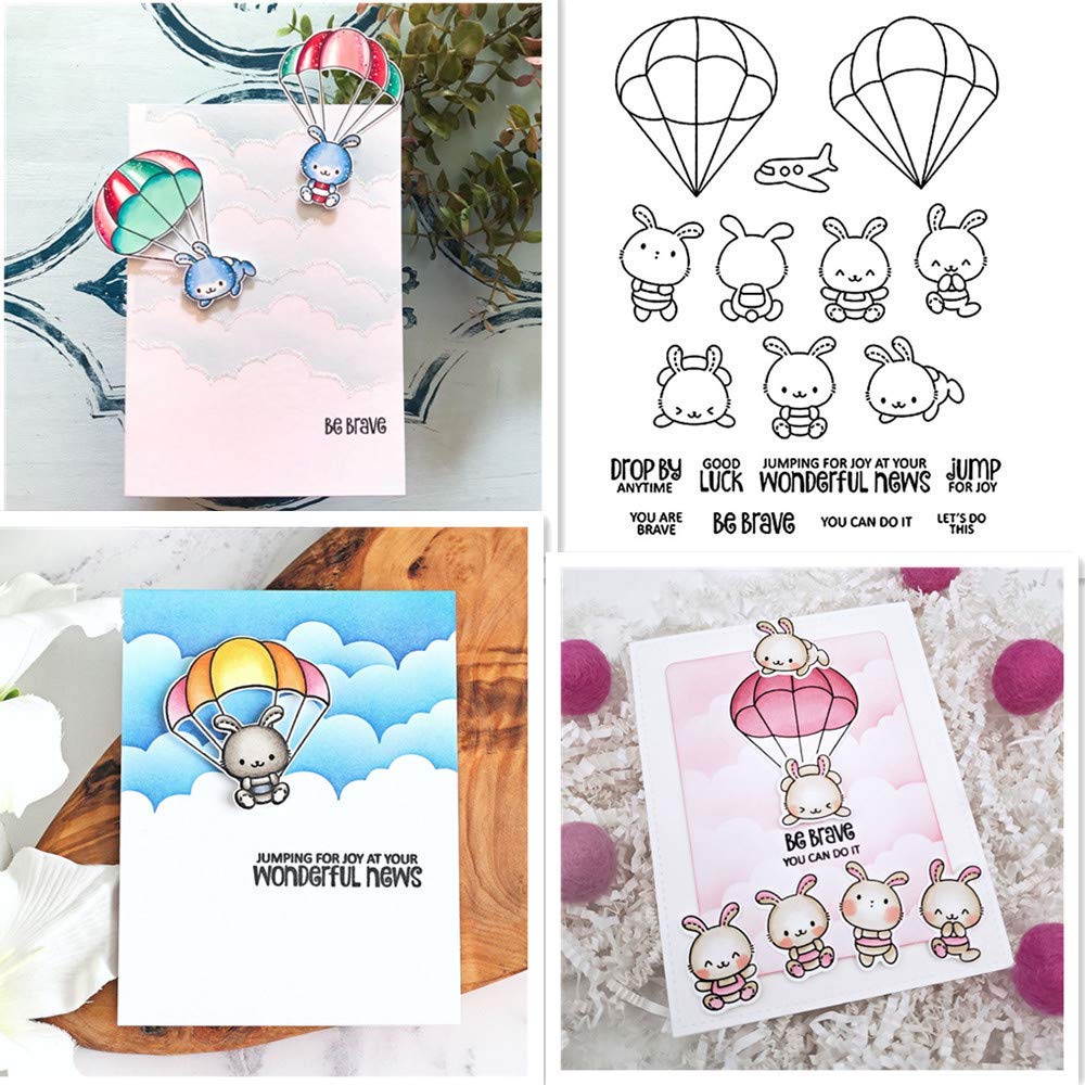 Be Brave Lovely Rabbit Parachute Clear Stamp Words of Encouragement Let's Do it Good Luck Best Wishes Pattern Transparent Silicone Clear New Stamp for Card Making Scrapbooking Handmade Crafts