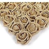 IPOPU Glitter Roses,25PCS Gold Roses Artificial Flowers Fake Rose with Stem for DIY Wedding Bridal Bouquet Home Party Decoration(Gold)