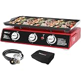 Royal Gourmet PD1301R 3-Burner Tabletop Propane Gas Griddle with Cover | 24 Inch Portable Griddle, Red | 25,500 BTUs Output, 319 sq. in. cooking area | for Outdoor Cooking, Camping or Tailgating