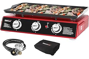 Royal Gourmet PD1301R 3 Burner Tabletop Propane Gas Griddle with Cover, 24 Inch Portable Griddle with 25,500 BTUs Output for Outdoor Cooking While Camping or Tailgating, Red