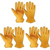 OZERO Gardening Work Gloves Men,3 Pairs Insulated Heavy Duty Cut Resistant Thorn Proof Leather Cowhide Mens Women Mechanic Garden Gloves for Driving Welding-Large