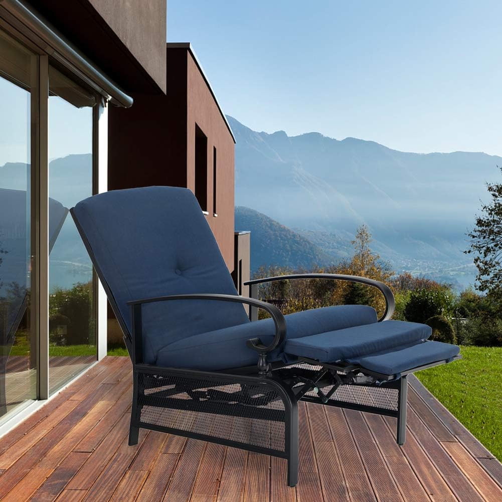 PHI VILLA Patio Adjustable Lounge Chairs Outdoor Metal Relaxing Recliner Sofa Chair with 5" Removable Cushions, Blue: Kitchen & Dining