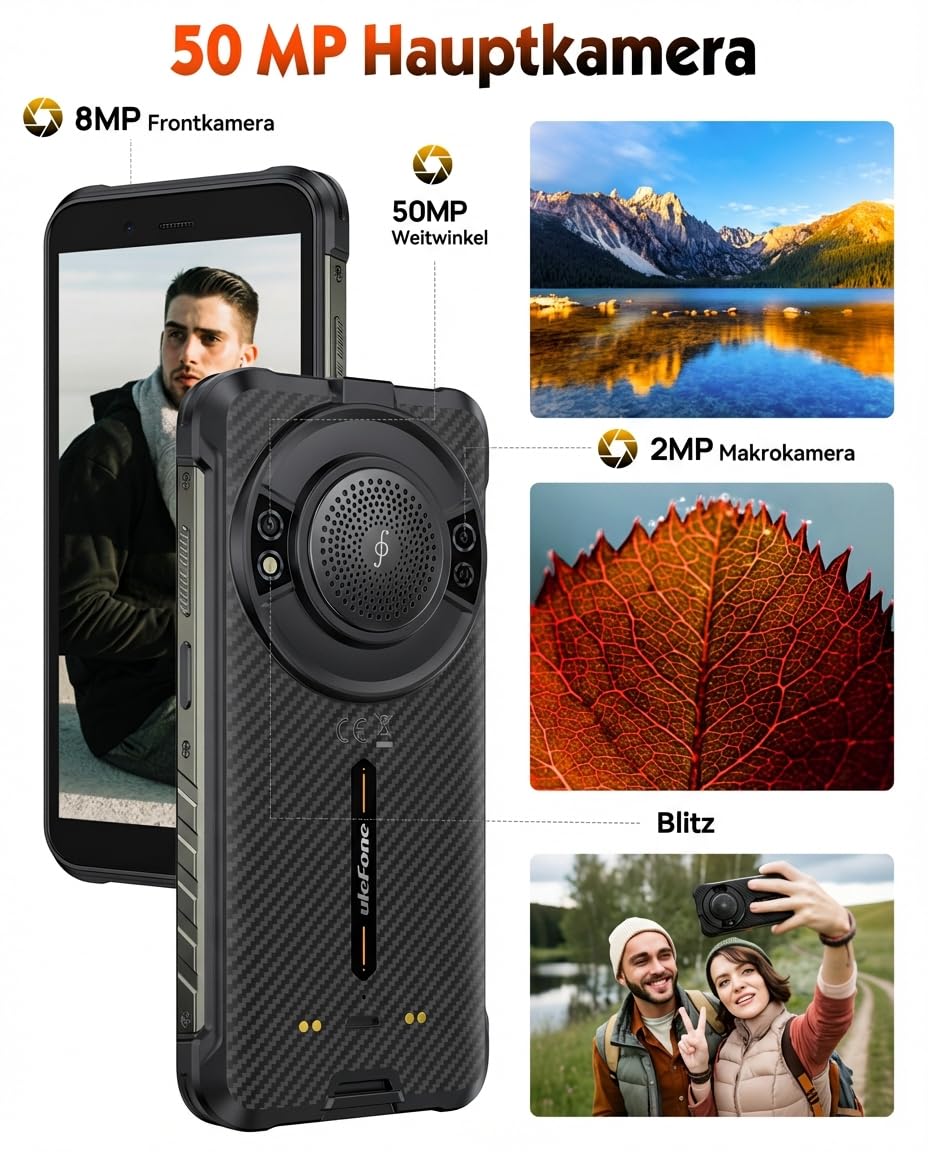 Ulefone RugKing Outdoor Smartphone Android 15, 16GB+256GB/2TB, 9600 mAh IP68&IP69K Baustellen Handy, 50MP Kamera, 128dB Lautsprecher, 5,99" Display, AI Outdoor Handy, 4G Dual SIM/OTG/NFC/GPS 5