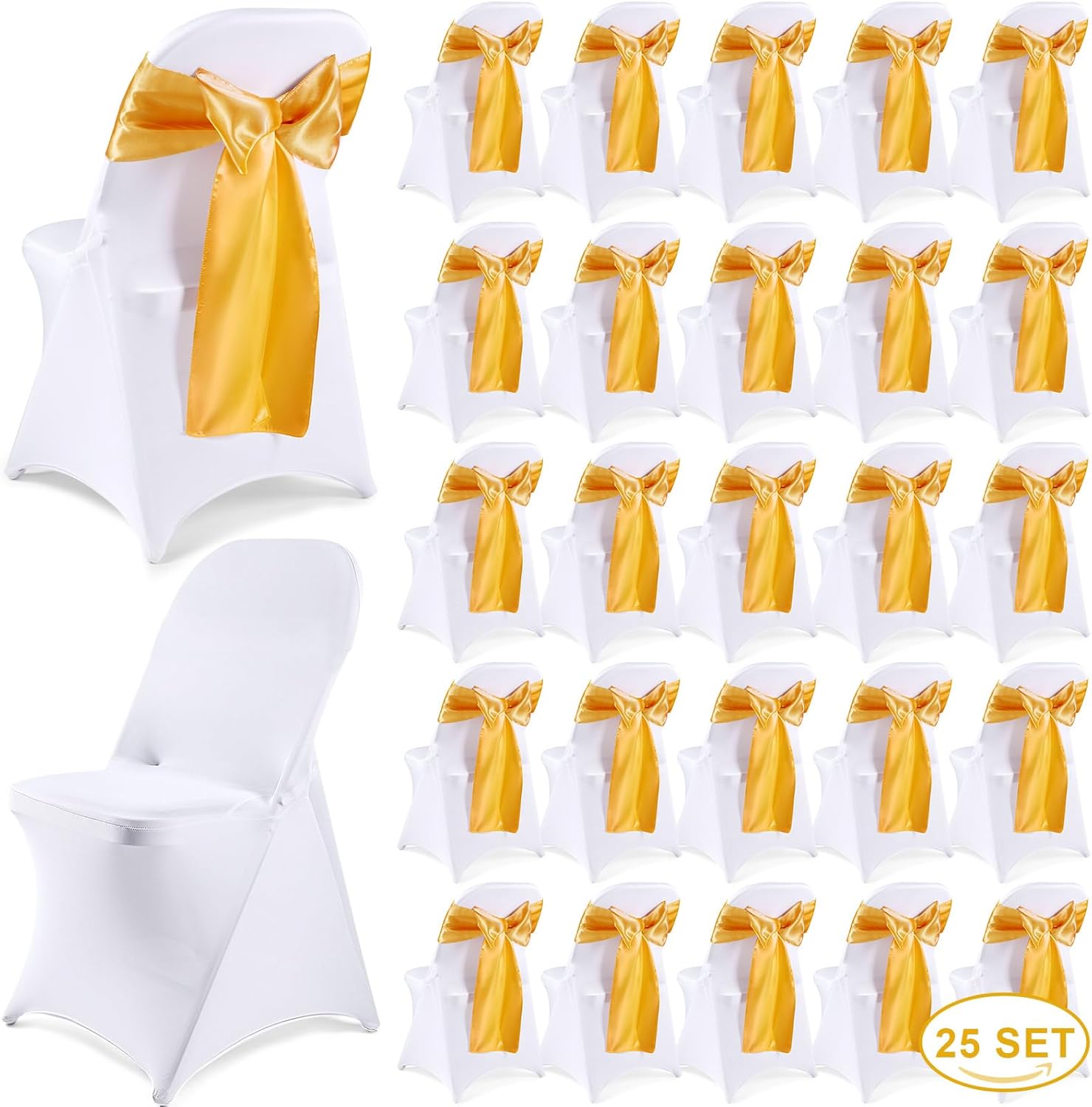Slipcovers - Lounsweer 50 Pcs Stretch Spandex Folding Chair Cover and Satin Chair Sashes Bows Chair Slipcovers Chair Ribbon Bows Washable Chair Cover Protector for Wedding Banquet Party (White, Gold)
