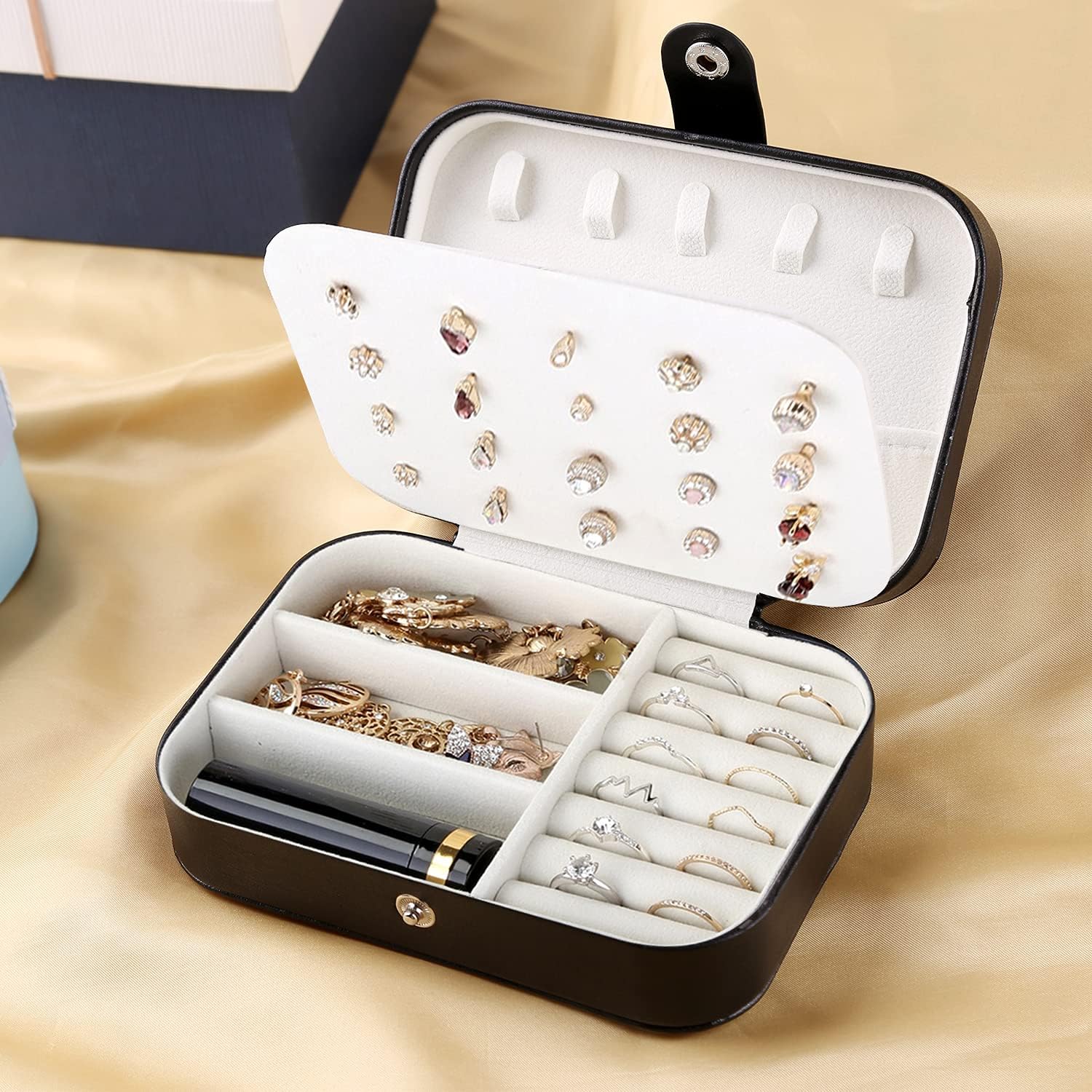 PU Square Jewelry Box Earring Organizer Necklace Bracelet Container (Black): Home Improvement