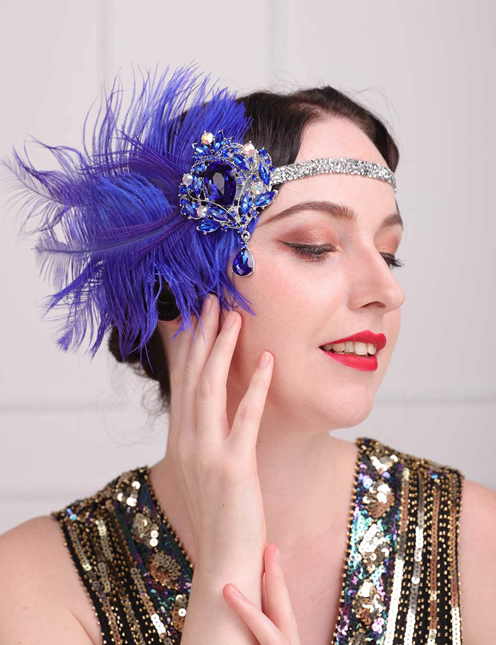 Anglacesmade 1920s Flapper Feather Headband Royal Blue Sapphire Headpiece with Sparkling Crystal Head Chain Masquerade Hair Accessories for Women