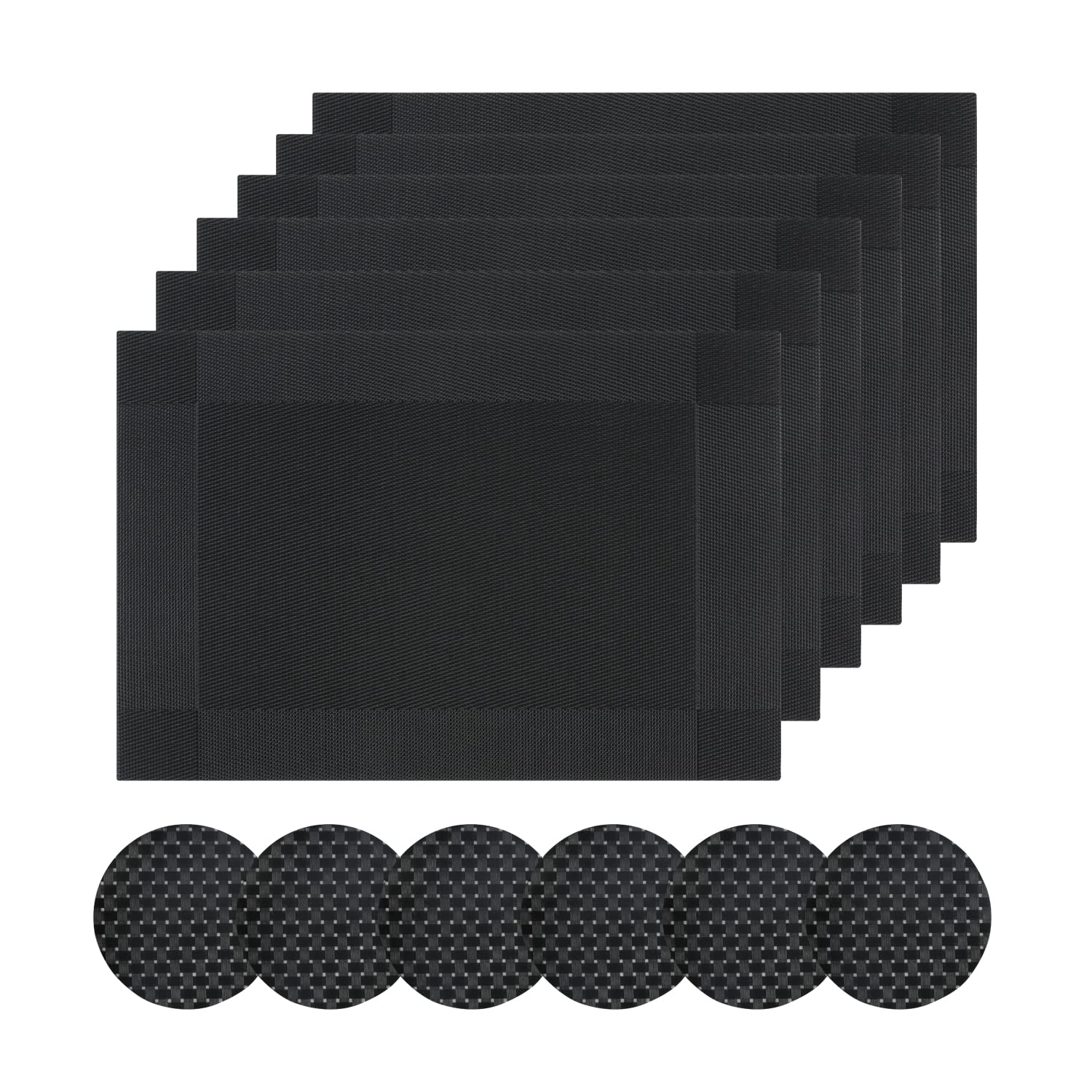 Famibay Placemats and Coaster Sets 6 Heat Resistant Table Mats Washable Place Mats for Table Woven Black Placemats for Kitchen Dining Restaurant