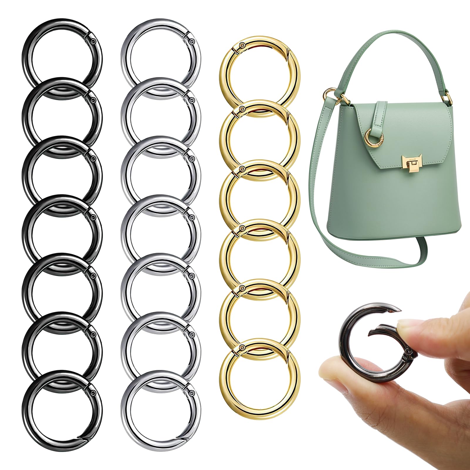 CATELL 20 Pcs Spring O Rings, 27mm Round Metal o Rings Metal Spring Zinc Alloy Round Carabiner Gate O Ring for Handbag Keychain Craft DIY O Ring Clip Silver, Gold, Gun Black