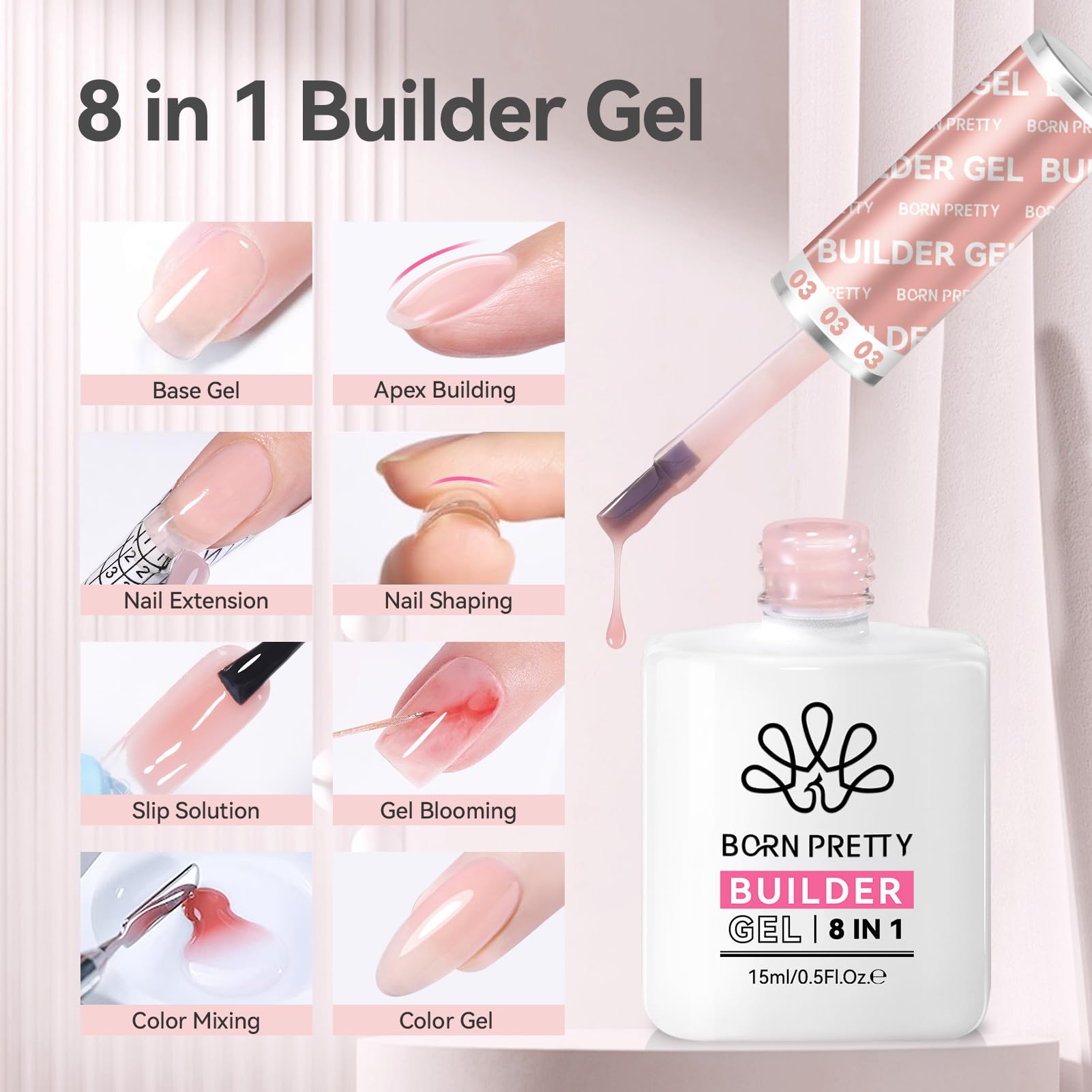 BORN PRETTY Builder Gel for Nails, 8-in-1 Extension Gel Strengthener Gel Hard Builder Nail Gel Base Top Gel, Pink Gel Builder Rhinestone Nail Glue Gel in A Bottle Nails 15ML - Image 2