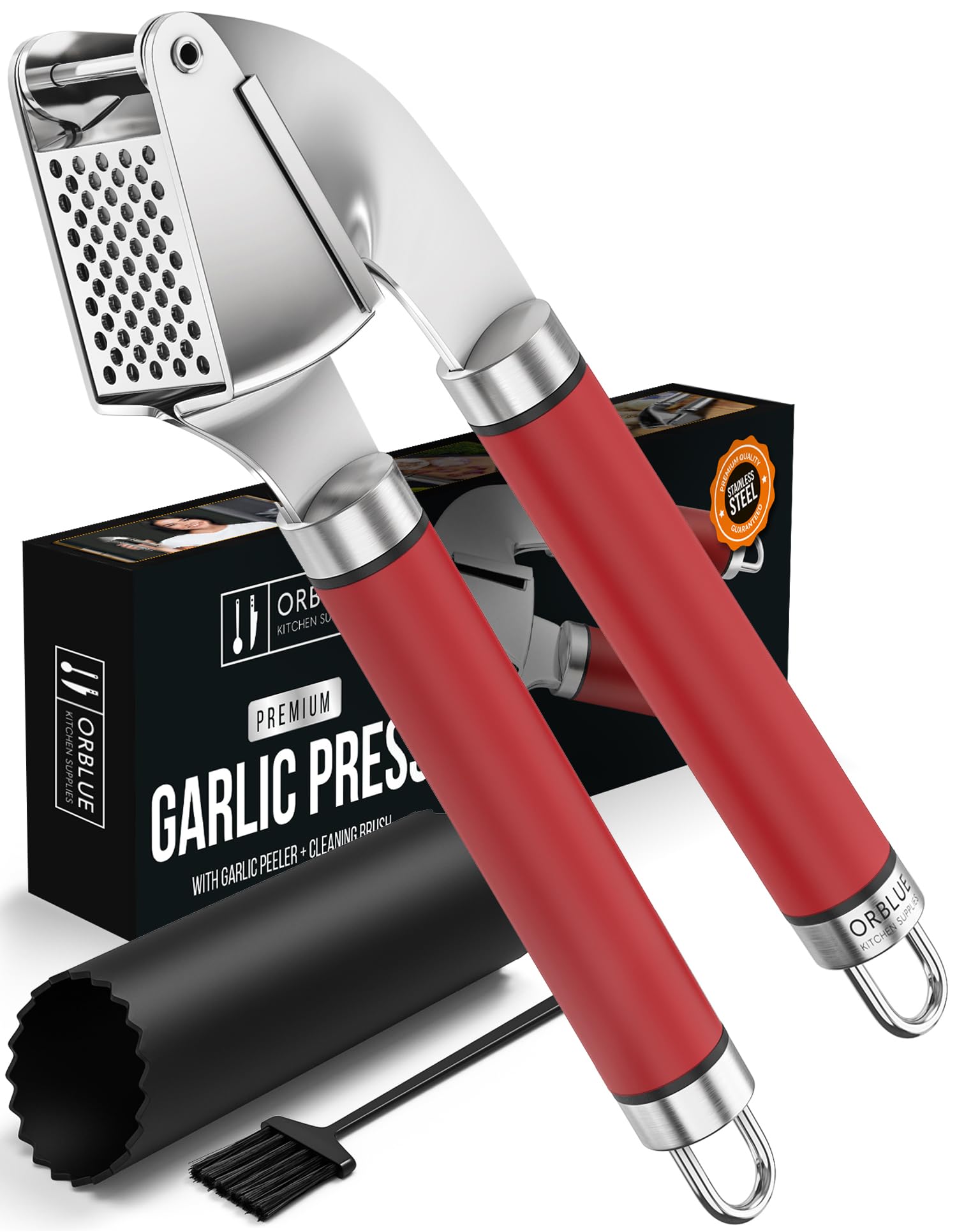 ORBLUE Garlic Press Stainless Steel Heavy Duty – Premium Garlic Crusher & Mincer with Silicone Peeler & Brush – Easy-Clean Dishwasher Safe Kitchen Gadget – Red