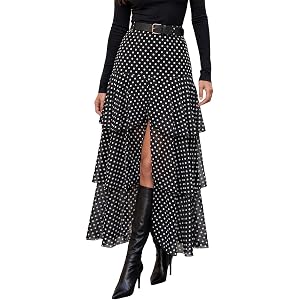 Wenrine Womens Mesh Maxi Skirt Polka Dot Front Split Tiered Plaid Skirts | Gingham,Polka Dot,Lightweight,Elastic High Waist,R