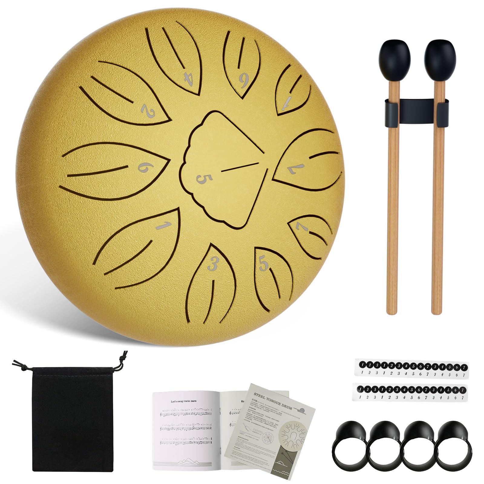 Aedcbaide Buddha Stones Mini Steel Tongue Drum, 6 Inch 11 Note D Major Beginner Balmy Drum UK Steel Drum with Beaters Drumsticks for Musical Education Concert Yoga Beginners (Gold)