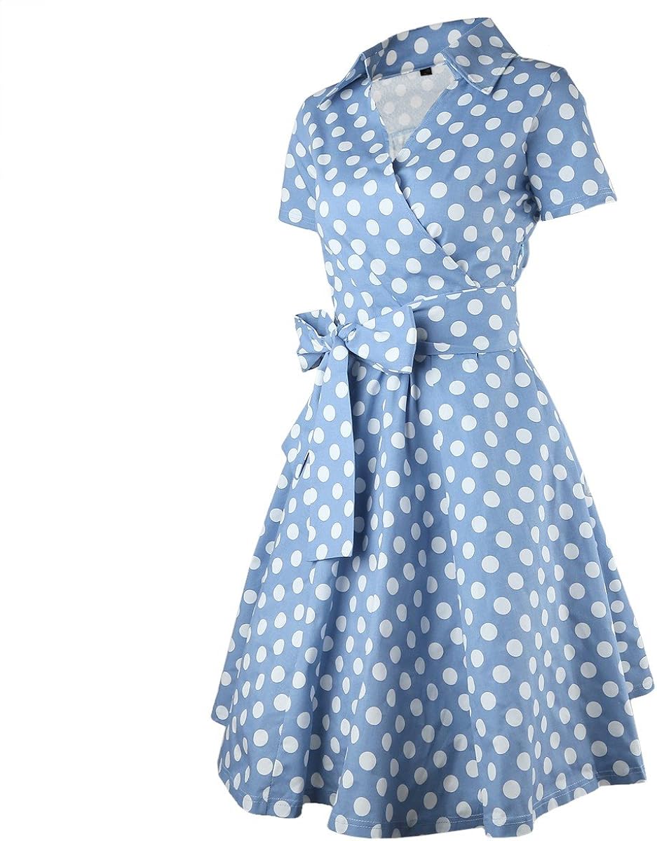 Samtree Womens Polka Dot Dresses,50s Style Short Sleeves Rockabilly Vintage Dress: Clothing