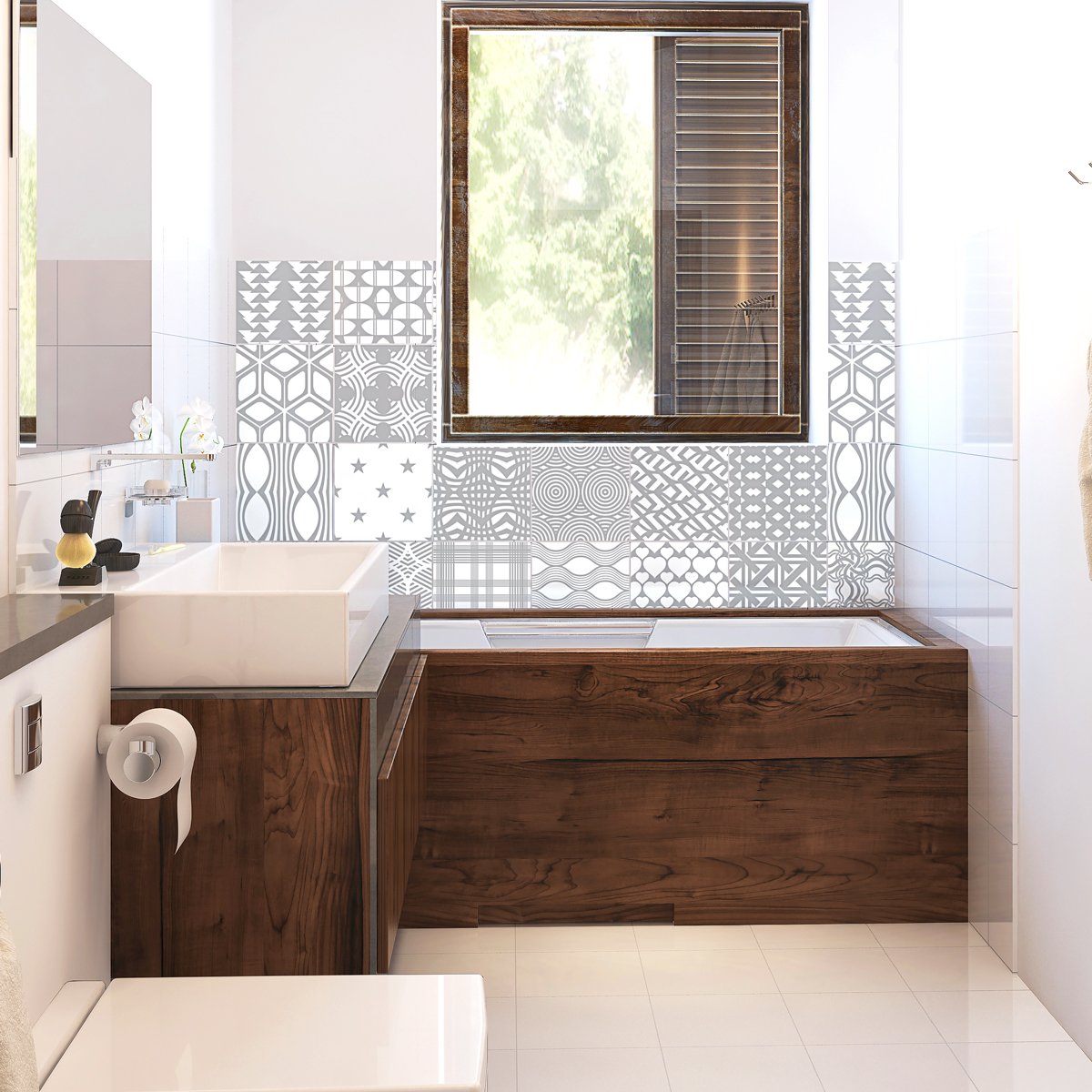 Ambiance Sticker Self-Adhesive Decorative Wall Decal Cement Tile for Bathroom and Kitchen Nuance de Gris Harmonieux - Pack of 24 Stickers of 15 x 15 cm