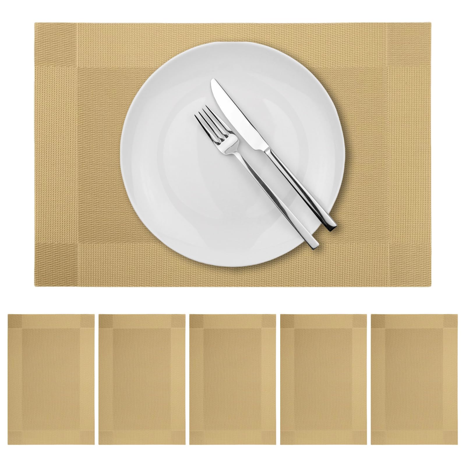 Gold Placemats Washable Place Mats for Table 6 Woven Vinyl Placemat for Dining Wipeable Kitchen Waterproof Place Table Mat Durable Indoor Outdoor 17.7" x 11.8" (45cm x 30cm) Gold1
