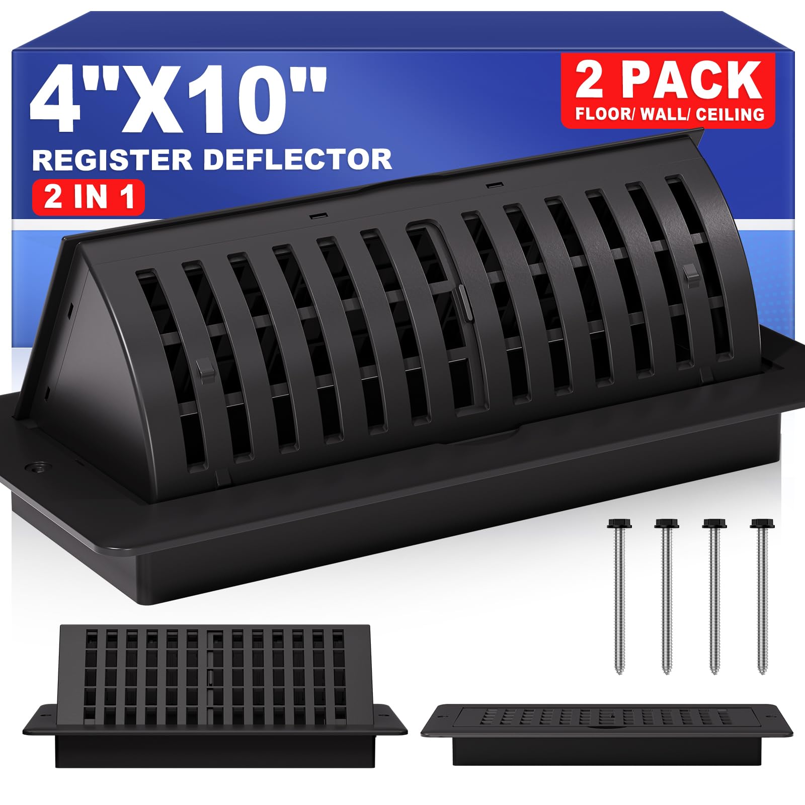 Photo 1 of 4x10 Floor Register with Vent Deflector, Adjustable Floor Vent Covers, Air Vent Deflector Includes Mounting Screws for Wall & Ceiling for Easy Install, 2 In 1 Vent Covers for Home Floor, Black, 2 Pack