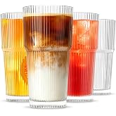 INSETLAN 20oz Ribbed Glass Tumbler, Set of 4, Iced Coffee Cups | Cups for Iced Coffee, Water, Juice, and Cocktails – Elegant 