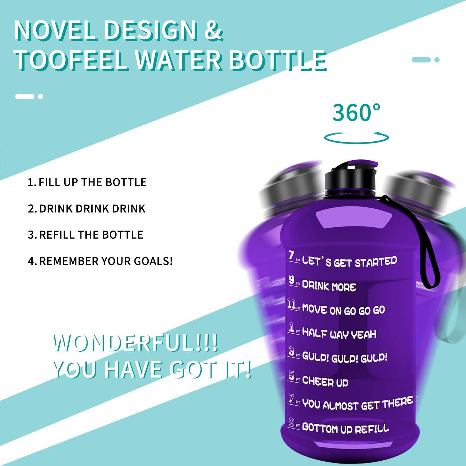 TOOFEEL Dishwasher Safe 2.2L Big Reusable Sports Water Bottle 75oz Half Gallon Water Jug with Mitivational Time Marker Container Large Capacity Canteen BPA Free Leak-Proof for Gym Fitness Athletic