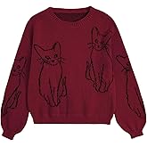 WDIRARA Women's Cartoon Cat Bishop Long Sleeve Round Neck Sweater Drop Shoulder Pullover Tops