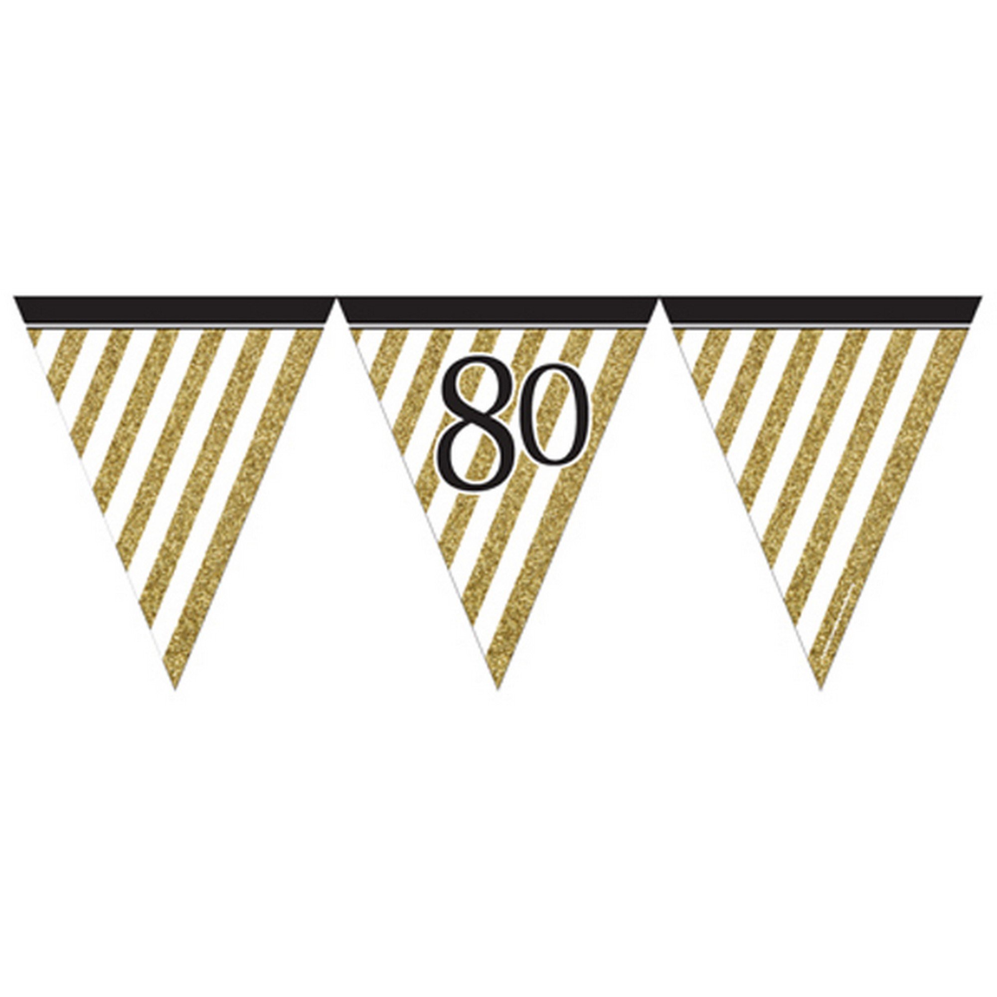 Creative Party Age 80 Birthday Paper Flag Bunting Pennant Banner, Large 3.7m, 11 Flags, Black/Gold, Birthdays, Celebrations, Men, Women