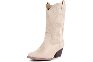 Bandkos Cowboy Boots for Women Cowgirl Mid Calf Western Embroidered Boot Low Chunky Block Heel Fashion Boots