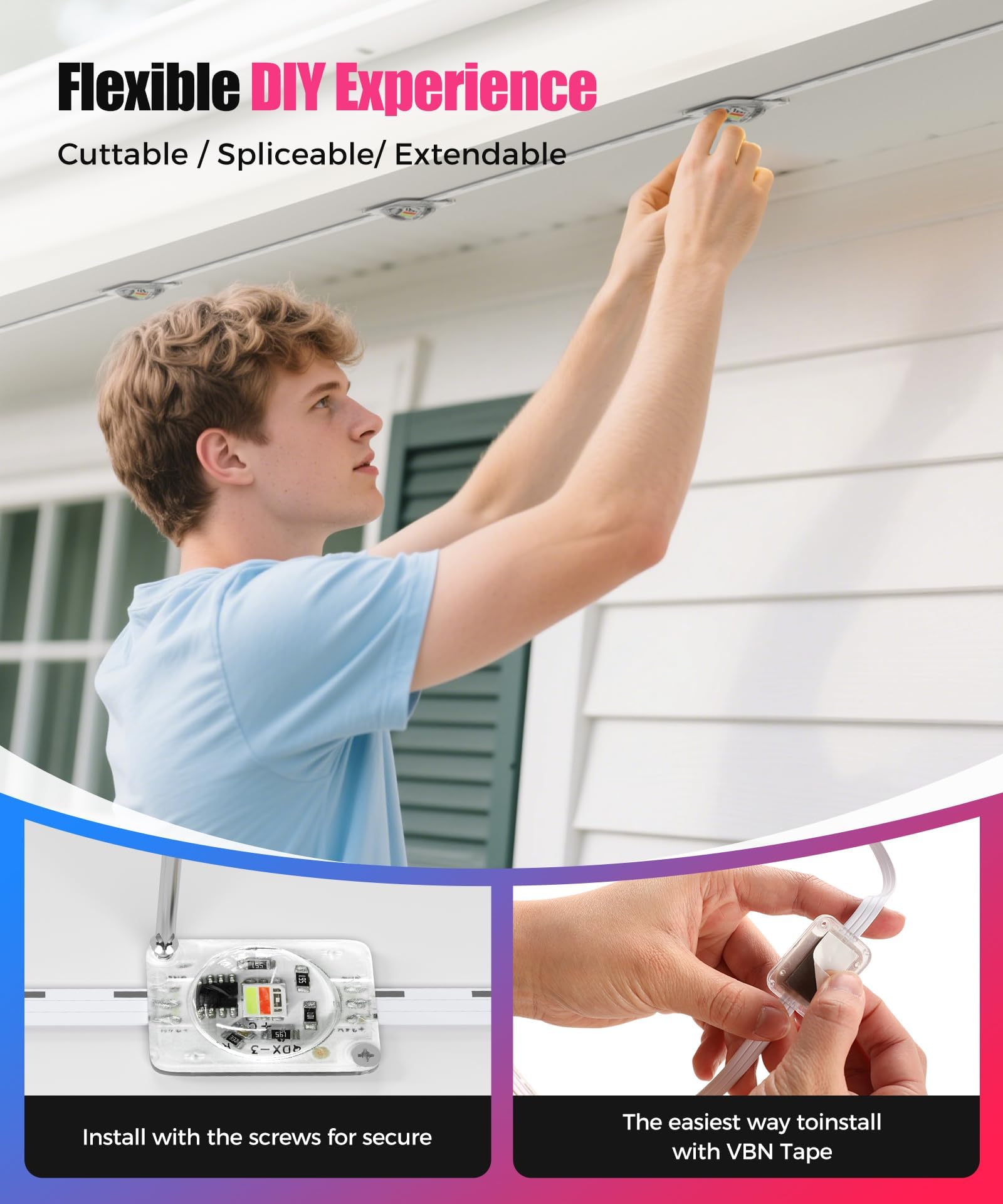 POOFZY Permanent Outdoor Lights for House,100ft RGB+IC Smart Outdoor Decor, 50 Scene Modes,App/Remote Control,IP67 Waterproof,for Christmas,Halloween,Daily & Holiday Party Decor,House Roof Lighting