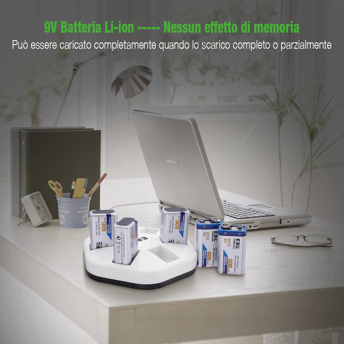 EBL 9V 600mAh Batterie ricaricabili agli ioni di Litio, confezione da 4 pezzi Senza l’effetto della memoria anche è Auto-scarica bassa