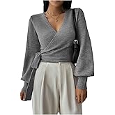 SOLY HUX Women's Long Sleeve V Neck Wrap Belted Sweater Elegant Office Knitted Crop Tops Fall Outfits
