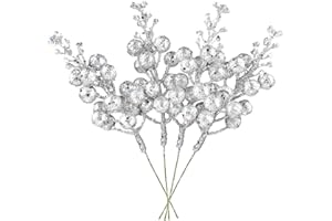DearHouse 14 Pack Christmas Glitter Berries Stems, 7.8Inch Silver Artificial Christmas Picks for Christmas Tree Ornaments, DIY Xmas Wreath, Crafts, Holiday and Home Decor