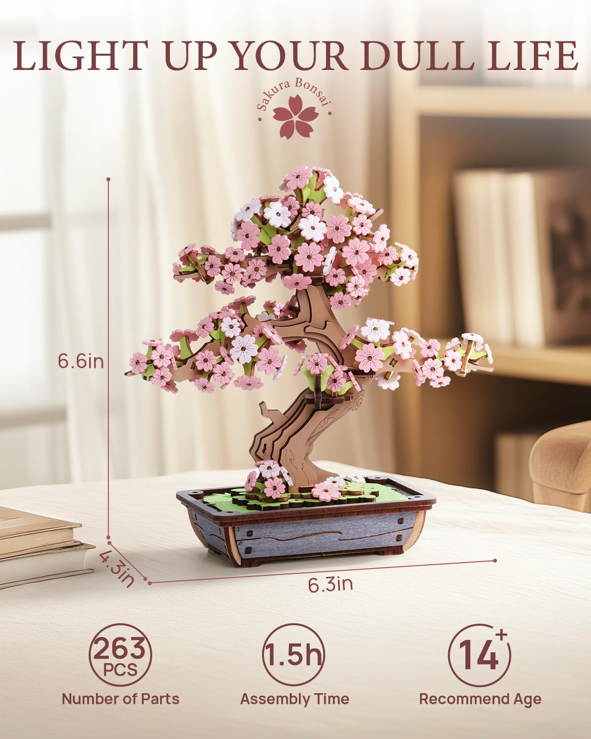 Rolife 3D Wooden Puzzle Flower for Adults, DIY Sakura Bonsai Tree Plants for Home Table Decor, Creative Cherry Blossom Crafts Birthday Model Building Kits Toys