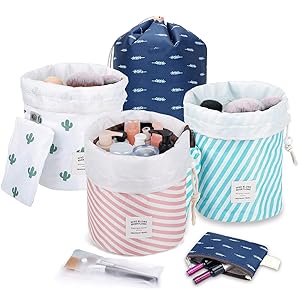 Counting Mars 4 Pack Drawstring Cosmetic Bag Barrel Shaped Makeup Bags, Large Capacity Waterproof Travel Portable