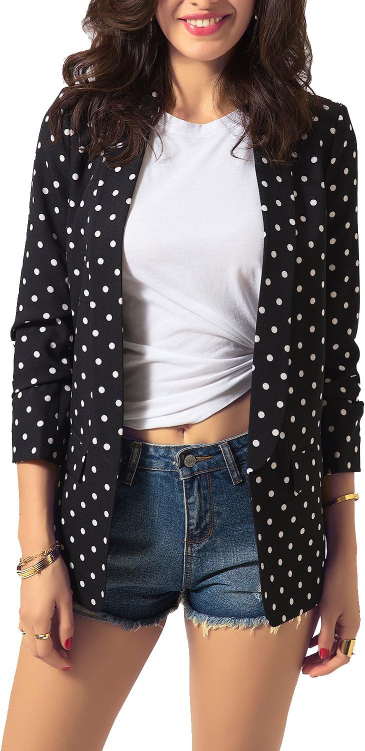Zevrez Women's Work Jacket 3/4 Ruched Sleeve Open Front Casual Office Blazer(Black and White,S)