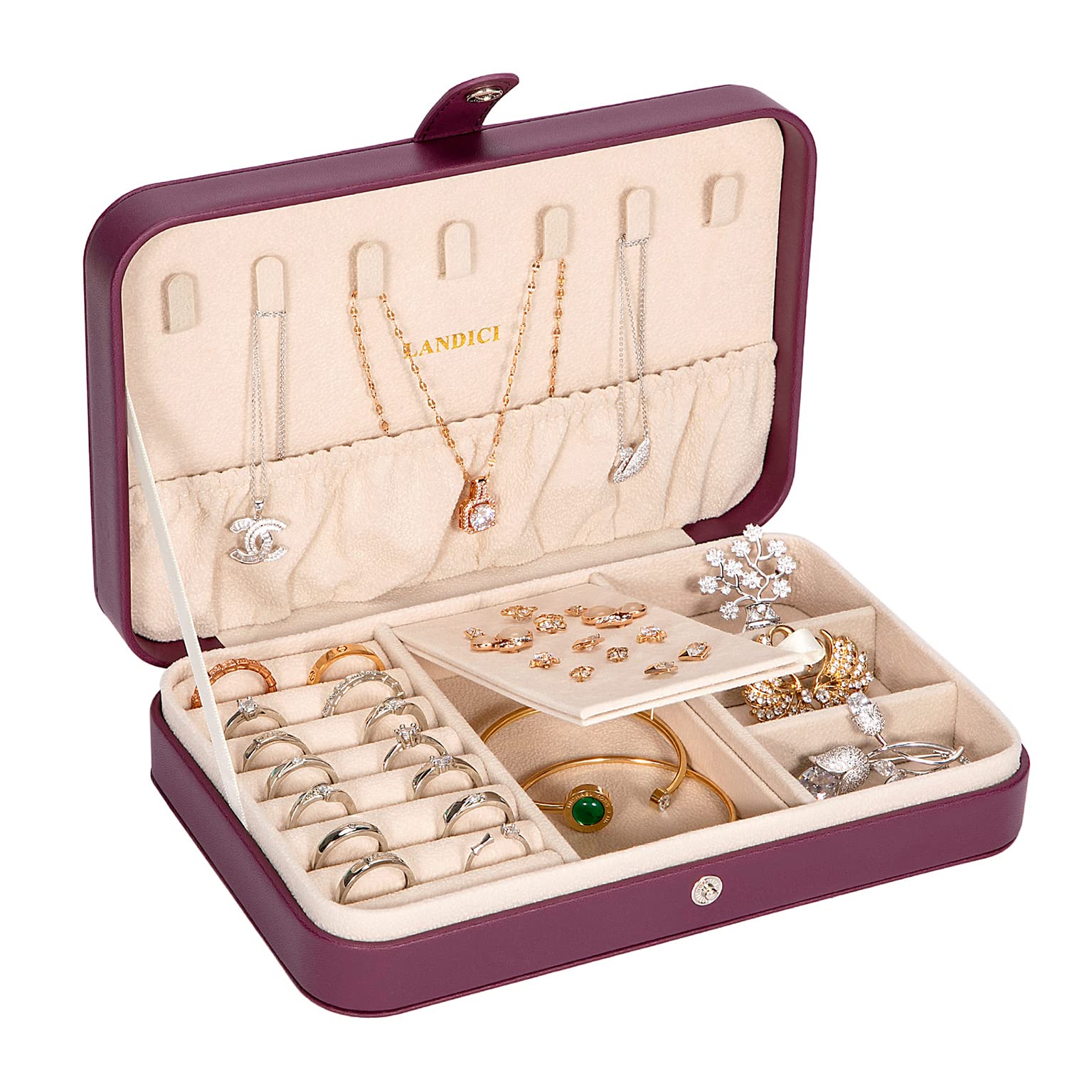 LANDICI Jewellery Box Small Jewellery Organiser for Women Girls, PU Leather Travel Jewellery Storage Case, Portable Jewellery Holder for Ring Earrings Necklace Bracelet, Jewellery Gift Box,Purple