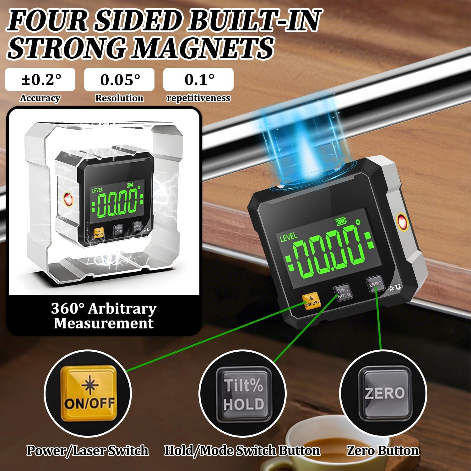 Digitaler Winkelmesser mit Laser, 4-seitig Magnetisch mit LCD Display, Type-C Schnittstelle IP54 Wasserdicht, ±0,2° Präzision Inklinometer für BAU, Maschinen, DIY Arbeiten 2