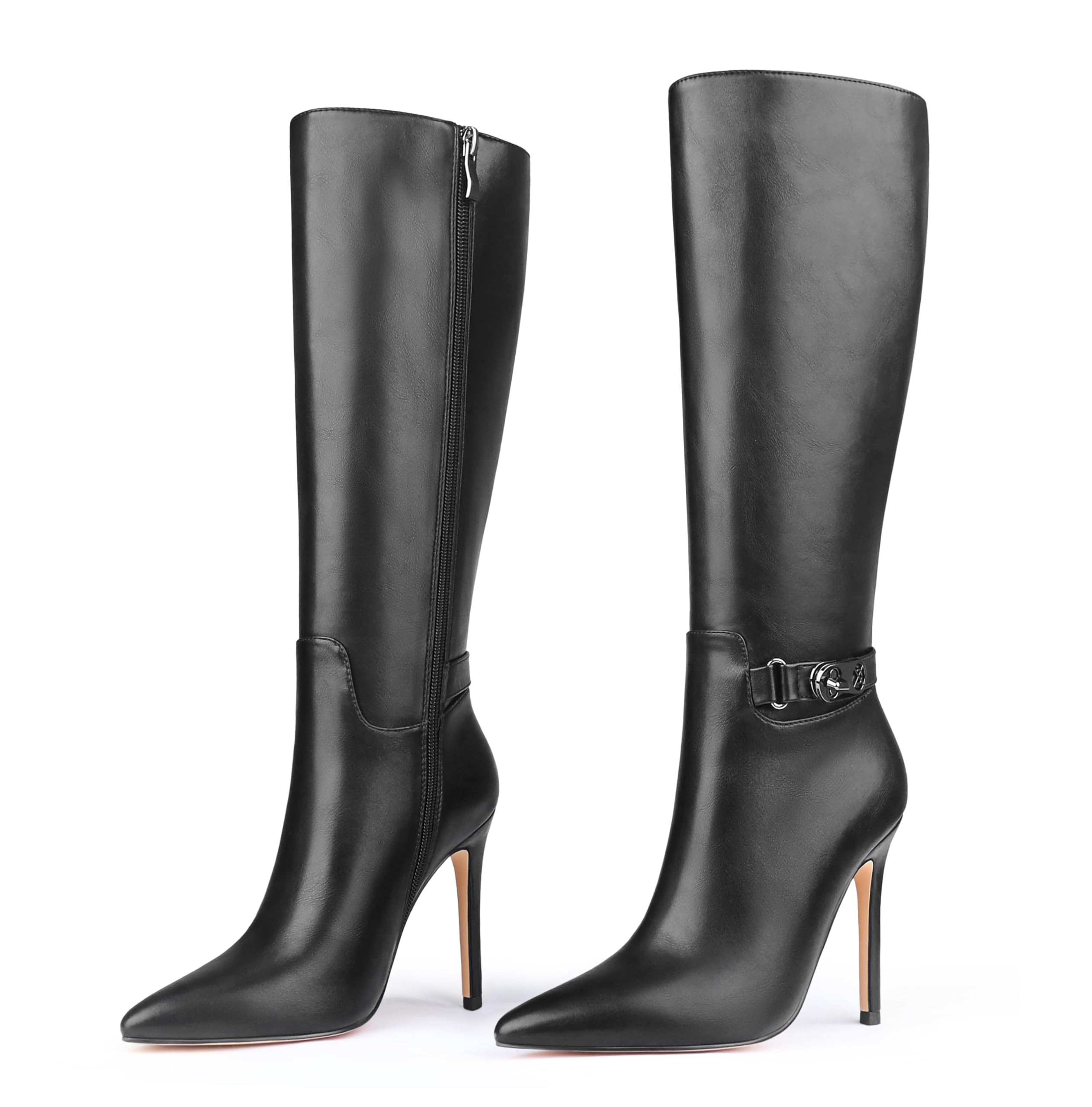 Photo 1 of MERUMOTE Women's Black Knee High Boots Pointed Toe Buckle Zipper Stiletto Boots Black Matte US7