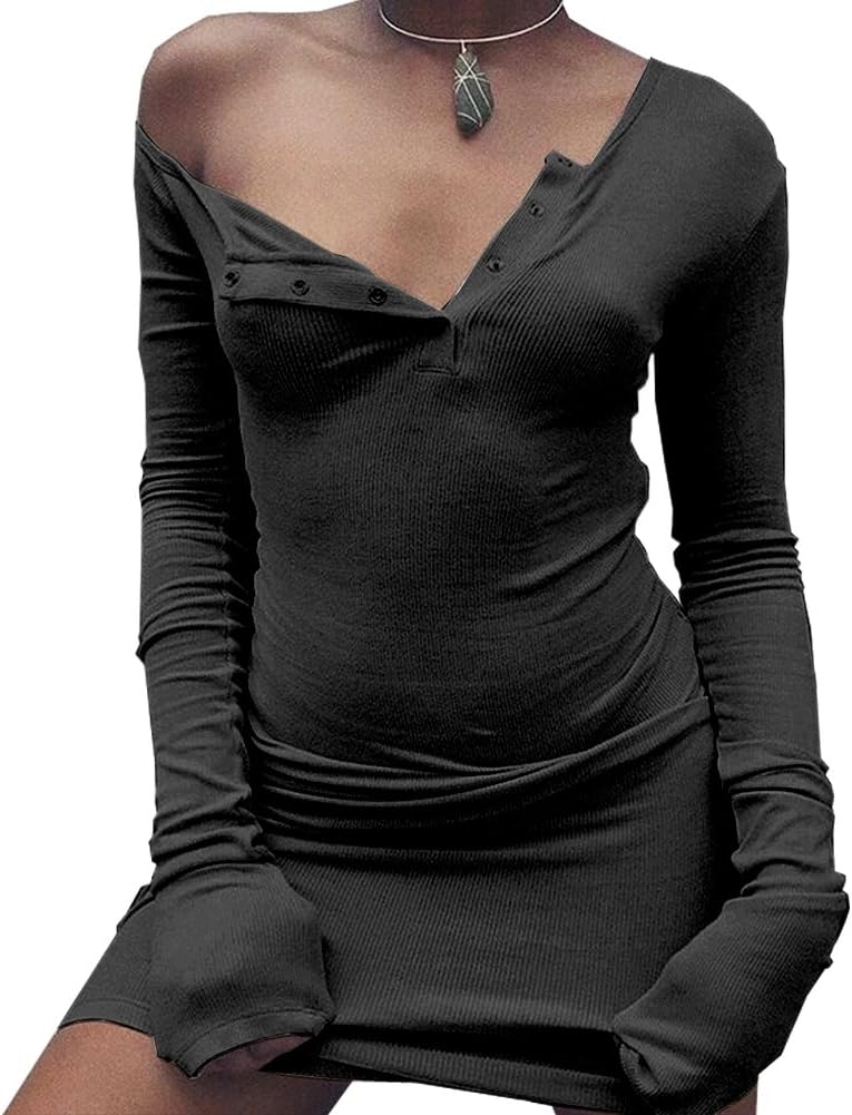 YOOHOG Autumn one Shoulder Bodycon Sexy Dress Women Long Sleeve Elastic White Dresses Winter Evening Club Balck Short Dress (L, Black)