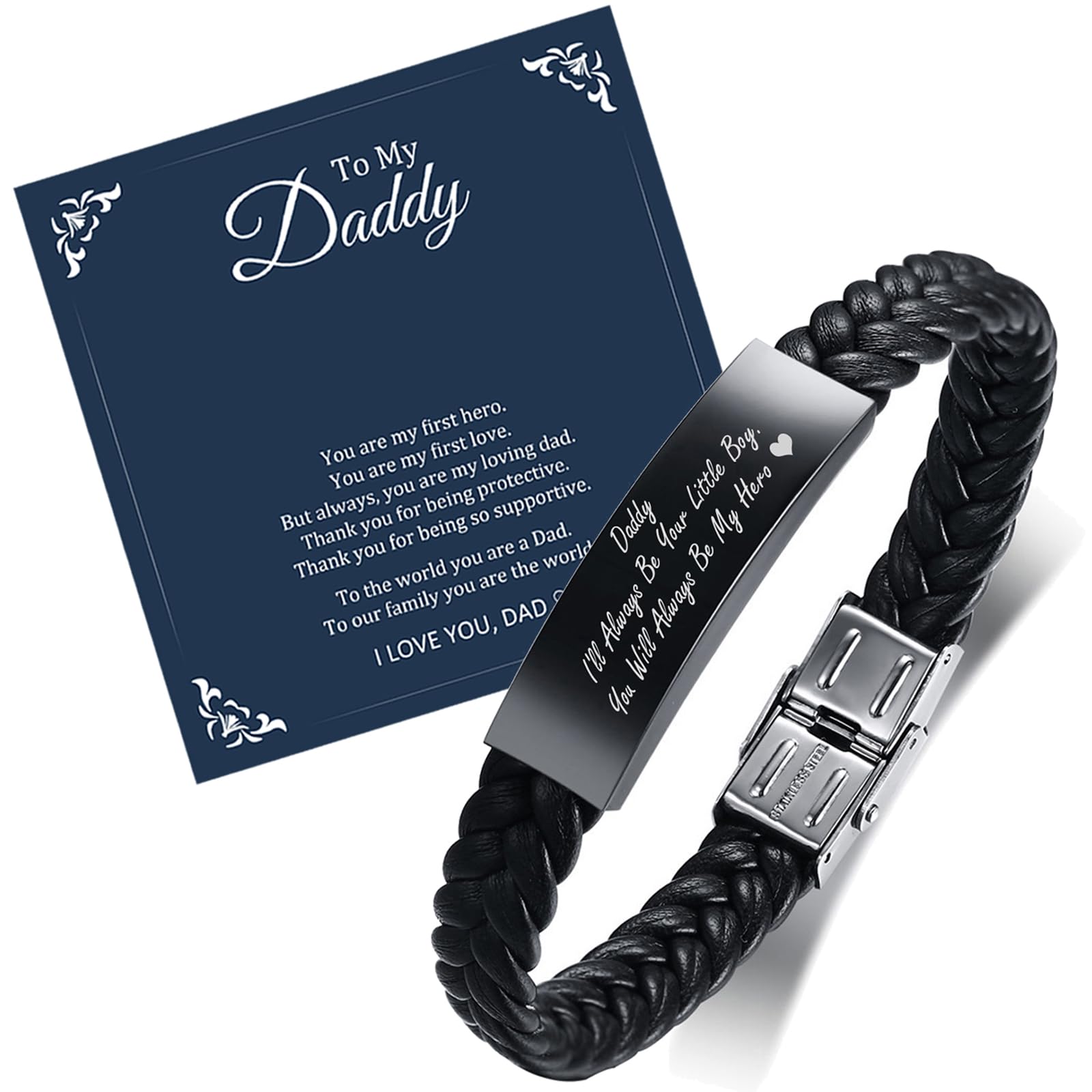 PJ JEWELLERY Daddy Gifts Mens Bracelets for Christmas - Black Braided Leather Bracelets Engraved Love Daddy Message for Men, Gifts For Dad from Son, Father's Day Birthday Christmas Xmas Presents