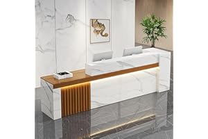 Nuipesn Reception Desk with Shelf & Lockable Drawers - Front Desk Reception Counter (Wood Grain + White Marble/Left, 71" L x 24" W x 39" H)