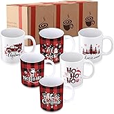 Potchen Christmas Coffee Mugs Set of 6 12 Oz Red Black Plaid Ceramic Coffee Cups with Trunk Merry Christmas Hohoho Hot Cocoa Mugs for Women Men Holiday Gift Table Centerpieces Party Decor