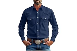Western Cowboy Shirts for Men Pearl Snap Button Down Cotton Work T-Shirt Men's Casual Dress Shirt Jacket with Pocket