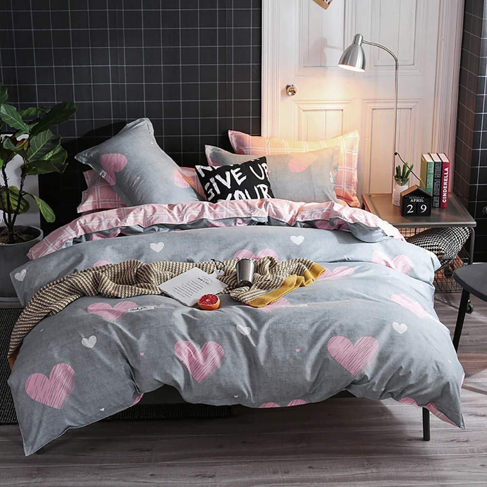 Lanqinglv Duvet Cover Set King Size Girls Pink Grey Heart Patterned Reversible Bedding Set Microfiber Hypoallergenic Quilt Cover Zipper Closure and 2 Pillowcases 50x75cm