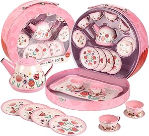 UNIH Kids Tea Set 15 Pcs Pink Tin Tea Party Set for Little Girls and Boys, Princess Tea Time Kitchen Pretend Play Tea Set Toys with a Carry Case