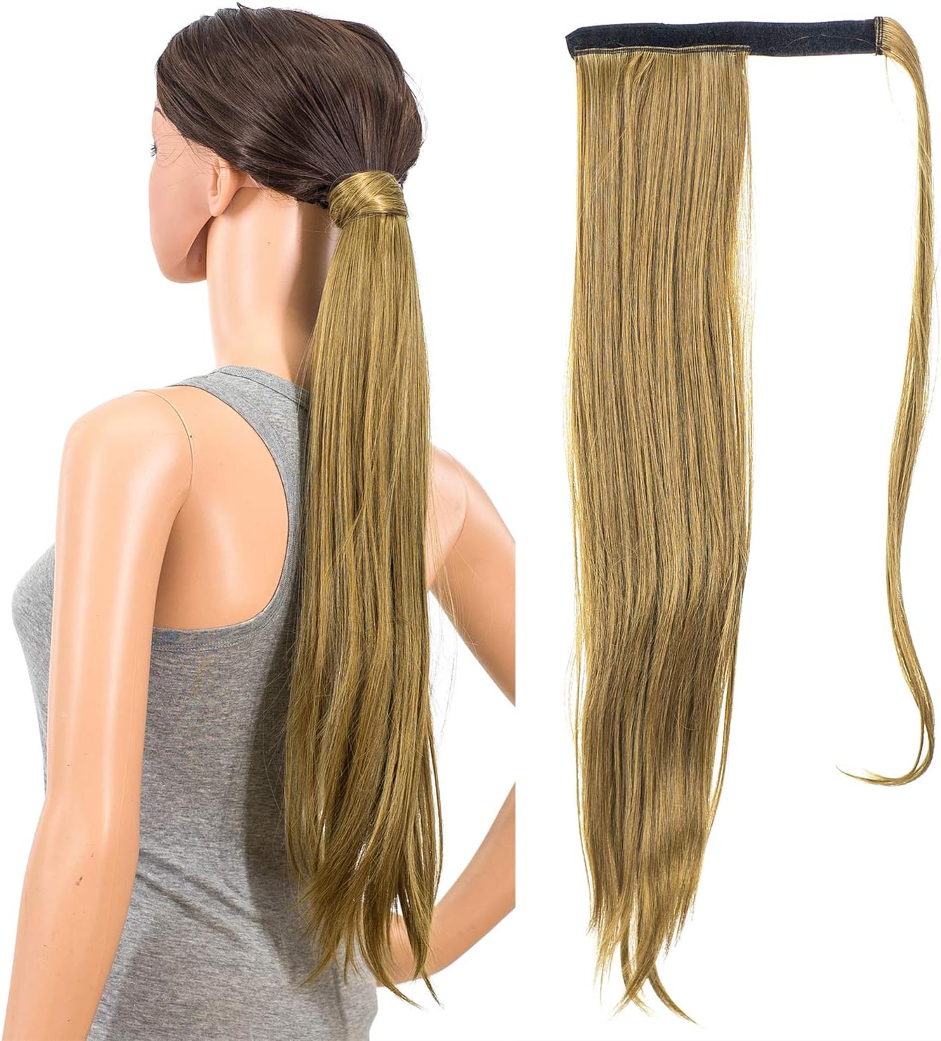 SWACC Women Long Straight/Curly Wavy Wrap Around Ponytail Extension Synthetic Hair Piece Clip in Hair extensions (Straight, Brown Blonde Blended-12/24#)