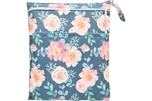 Sigzagor Medium Wet Dry Bag Baby Cloth Diaper Nappy Insert Bag Reusable Washable With Two Zippered Pockets For Girls (Floral)