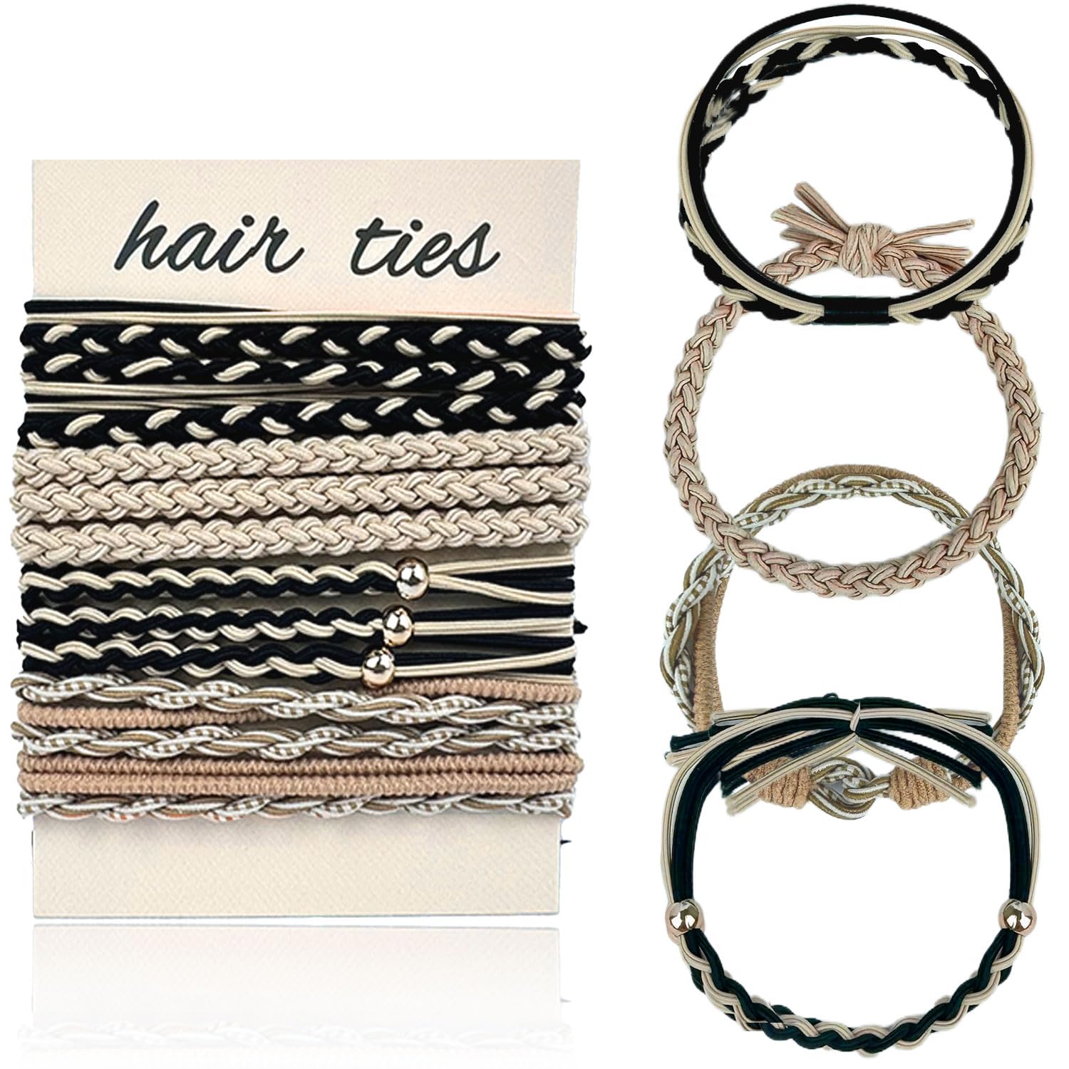 Pack of 12 Boho Hair Ties, Bobbles for Women and Girls - Stretch Ponytail Holders With Pearl Elastic Bracelets for Thin/Thick/Medium/Long Hair (Black/Beige)