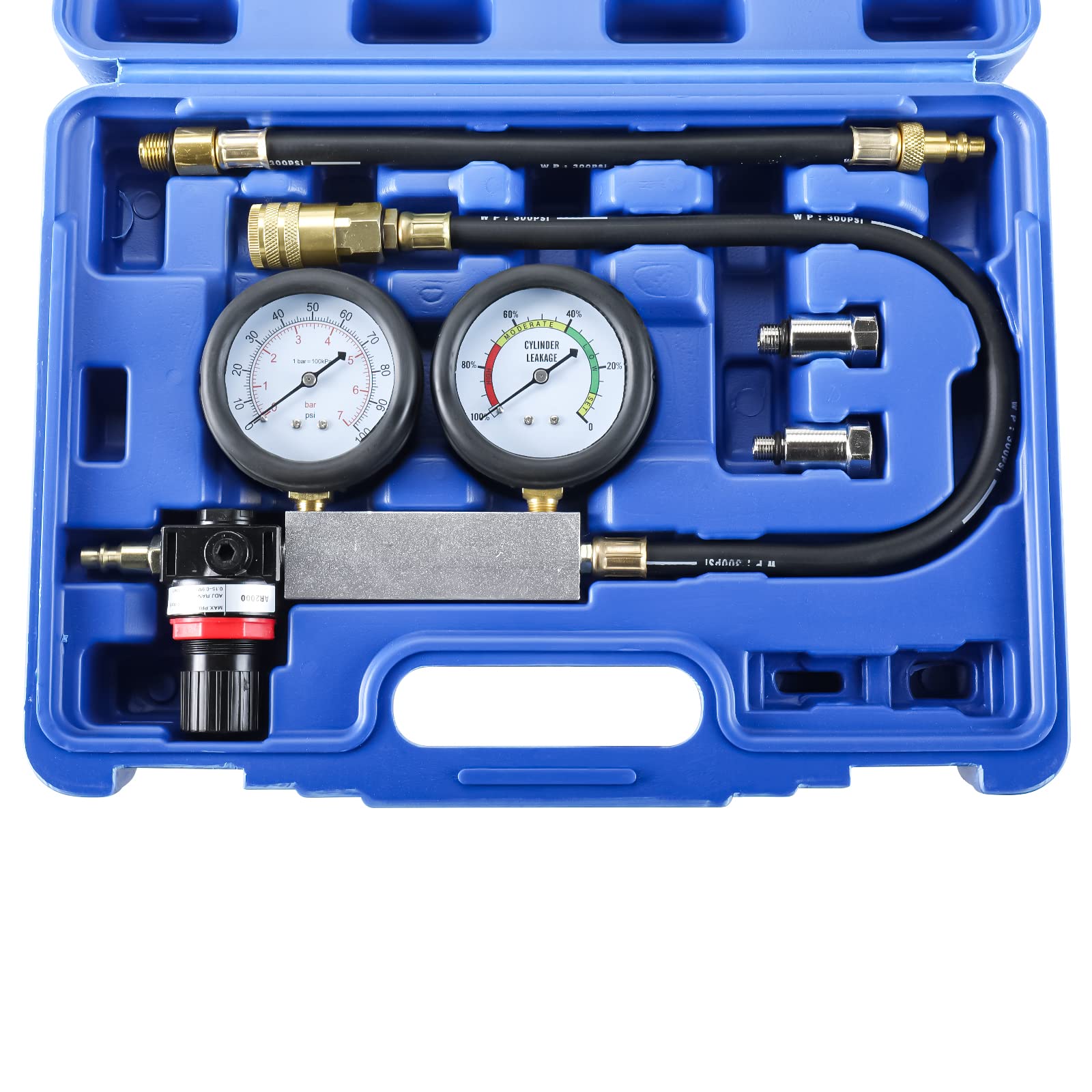 FreeTec Engine Cylinder Leak Down Tester Kit, TU-21 Dual Gauge Diagnostic Kit, Petrol Gasoline Engine Leakdown Leakage Detector Diagnostic Tool Set Compatible with 10 12 14mm Spark Plugs